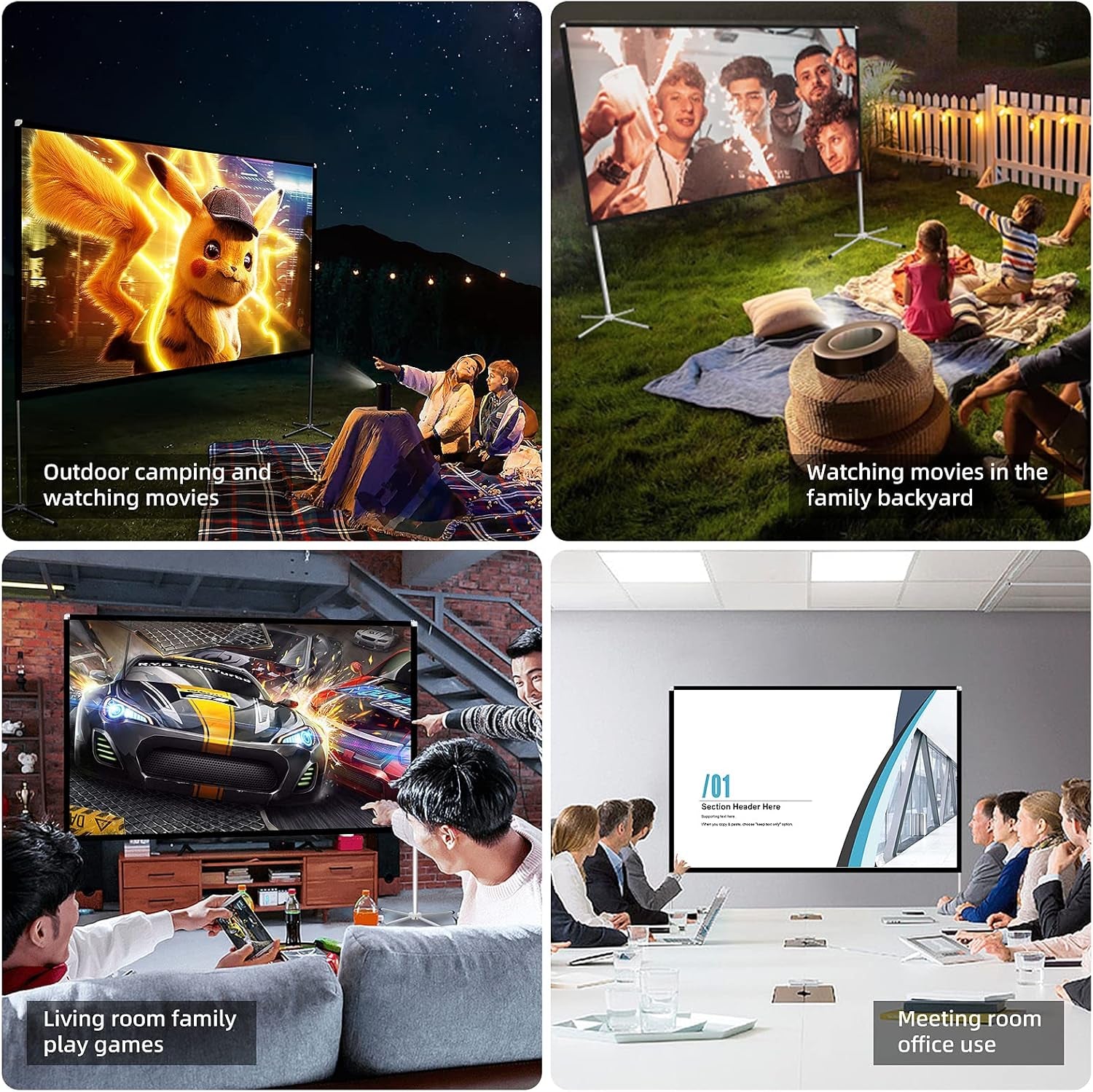 Portable Projector Screen with Stand Outdoor: Camping Projection Screen 80 Inch 4K Movie Screen for Home Backyard Indoor 16:9 HD Night