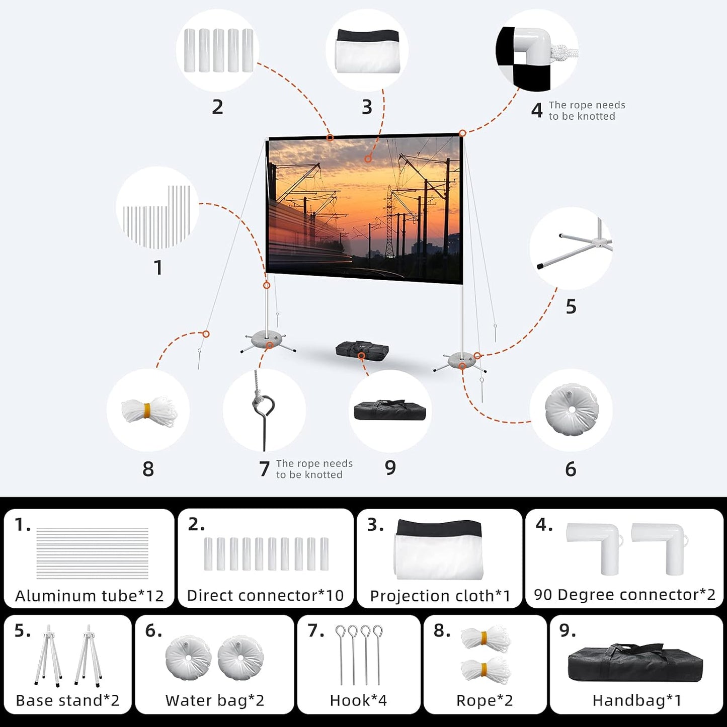 Portable Projector Screen with Stand Outdoor: Camping Projection Screen 80 Inch 4K Movie Screen for Home Backyard Indoor 16:9 HD Night